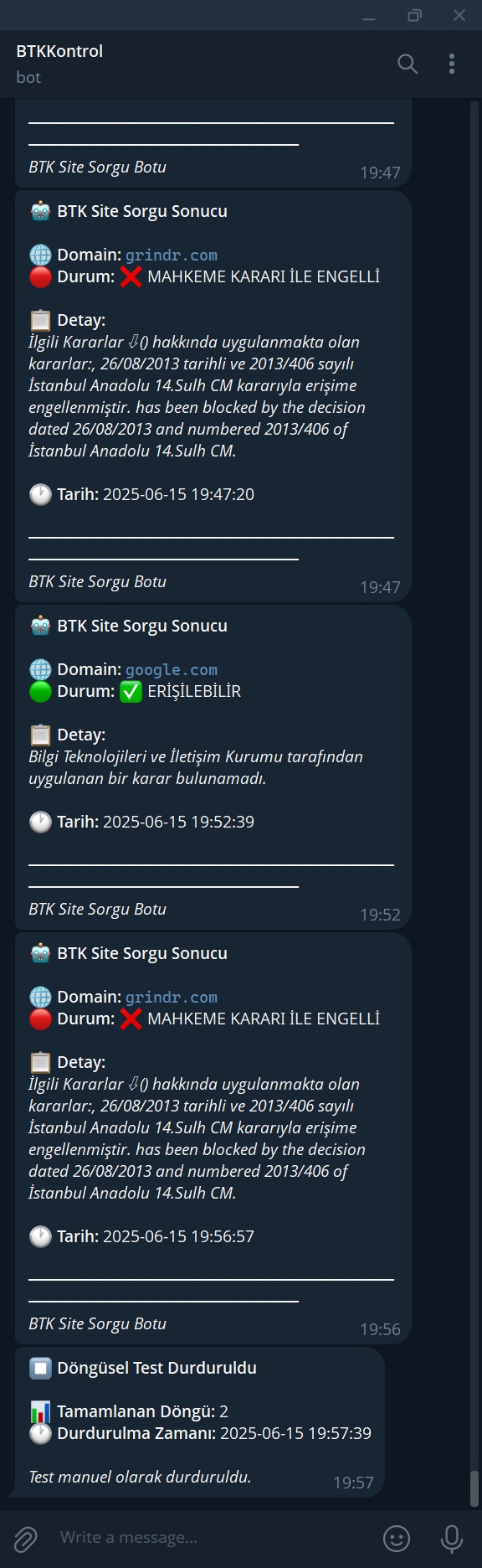 Aow Yazılım - BTK Site Sorgu Botu Telegram Bildirim Özellikli